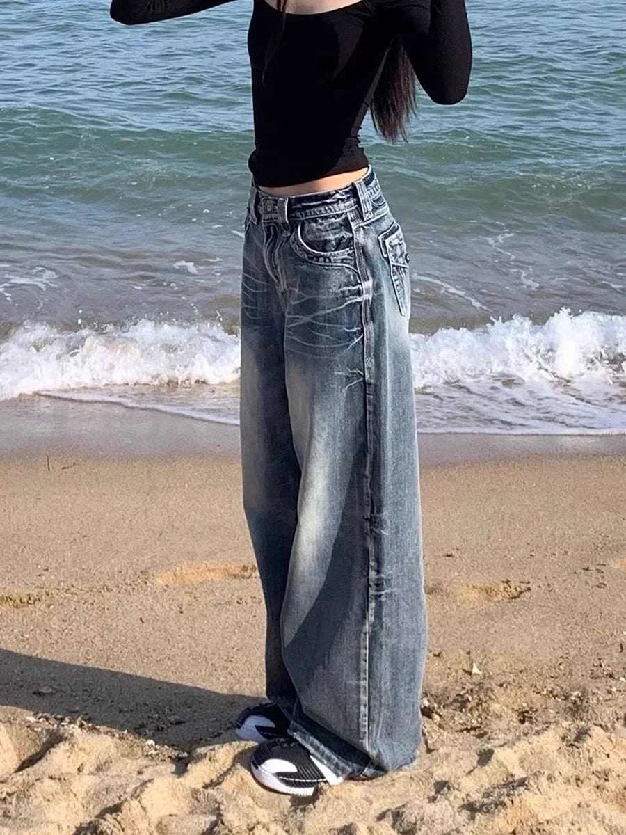 HOUZHOU Vintage Y2k Blue Jeans Women Baggy Washed Wide Leg Jeans