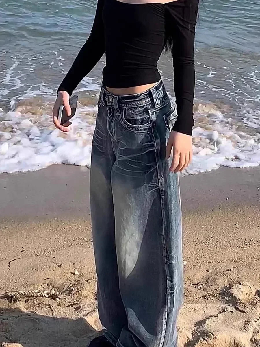 HOUZHOU Vintage Y2k Blue Jeans Women Baggy Washed Wide Leg Jeans
