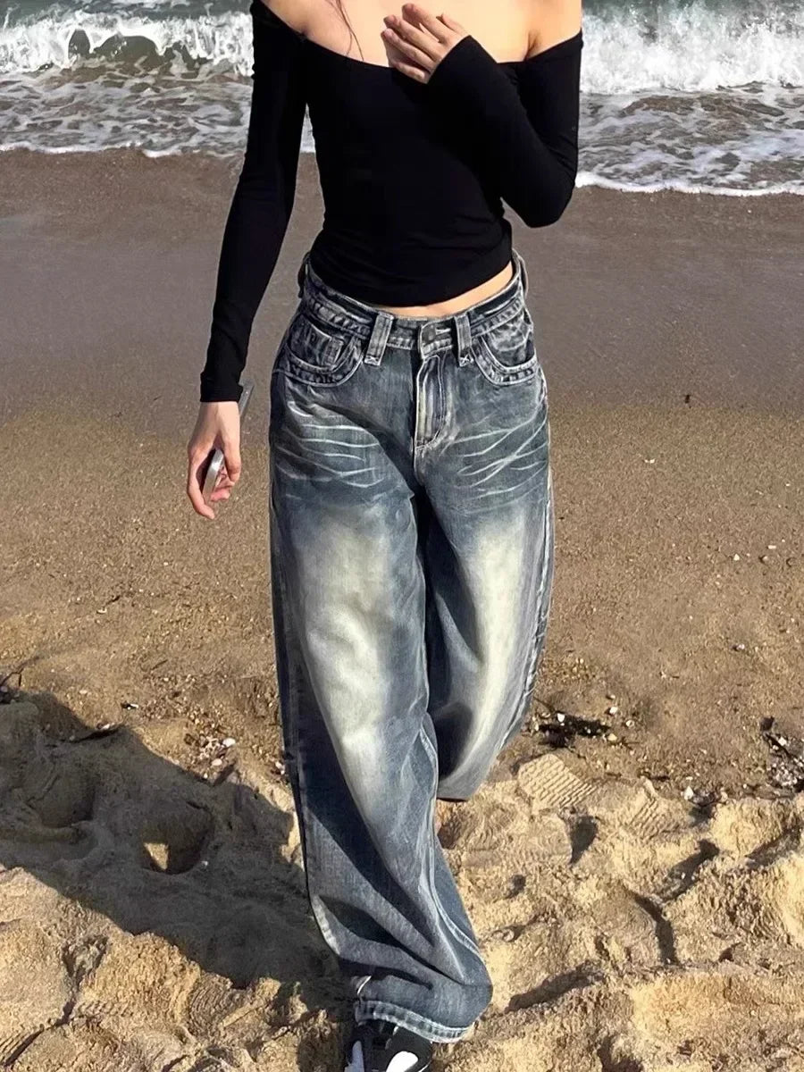 HOUZHOU Vintage Y2k Blue Jeans Women Baggy Washed Wide Leg Jeans