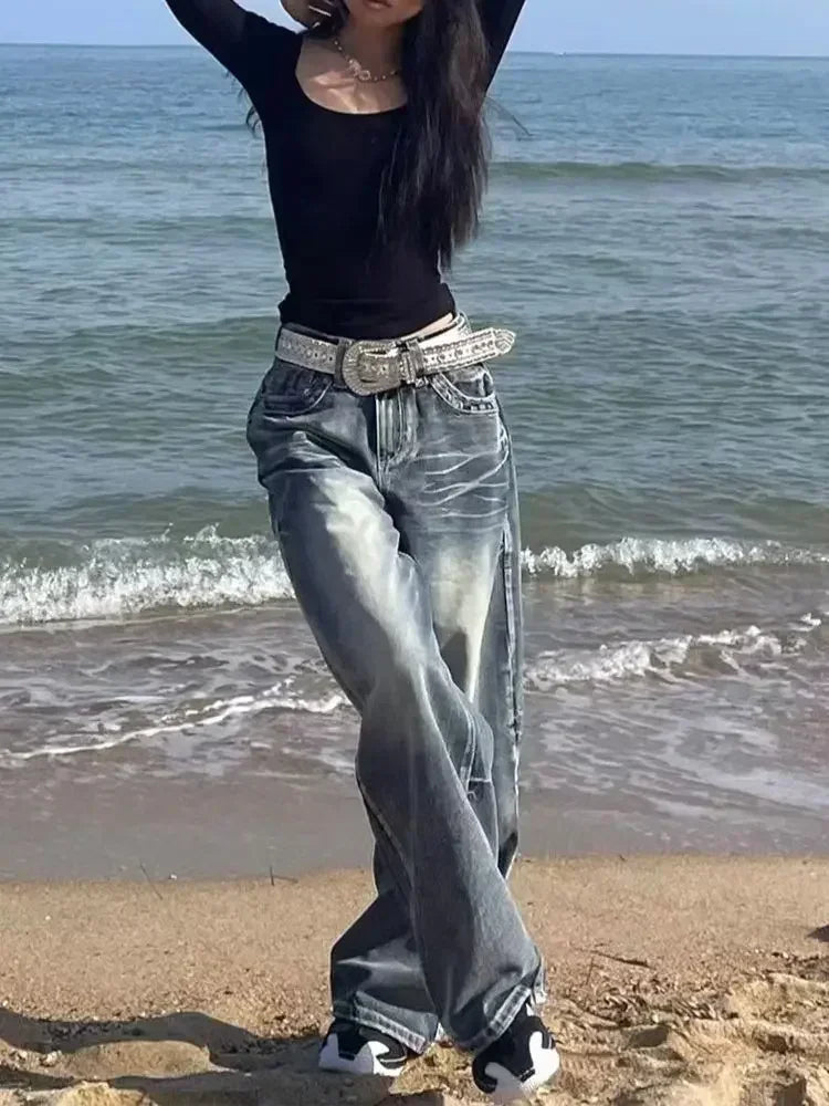 HOUZHOU Vintage Y2k Blue Jeans Women Baggy Washed Wide Leg Jeans
