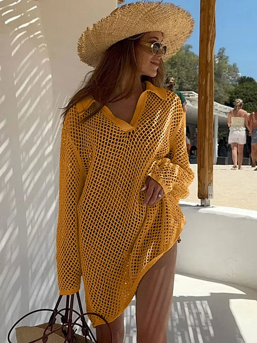 Solid Colour Beach Knit Mini Dress Women's Summer Sexy Hollow Out Long