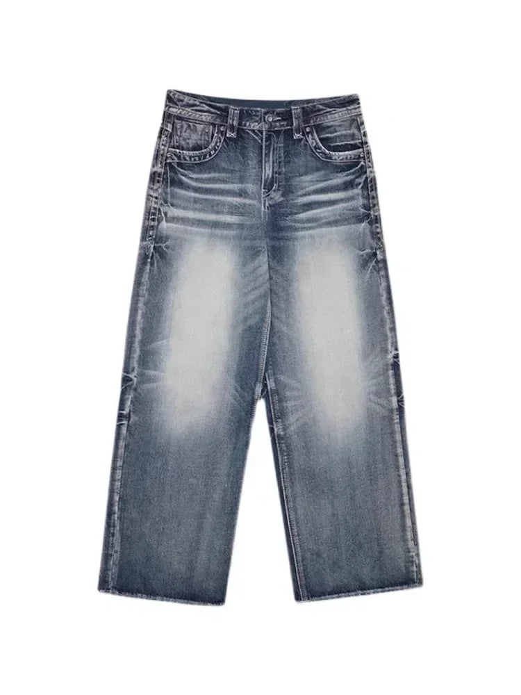 HOUZHOU Vintage Y2k Blue Jeans Women Baggy Washed Wide Leg Jeans