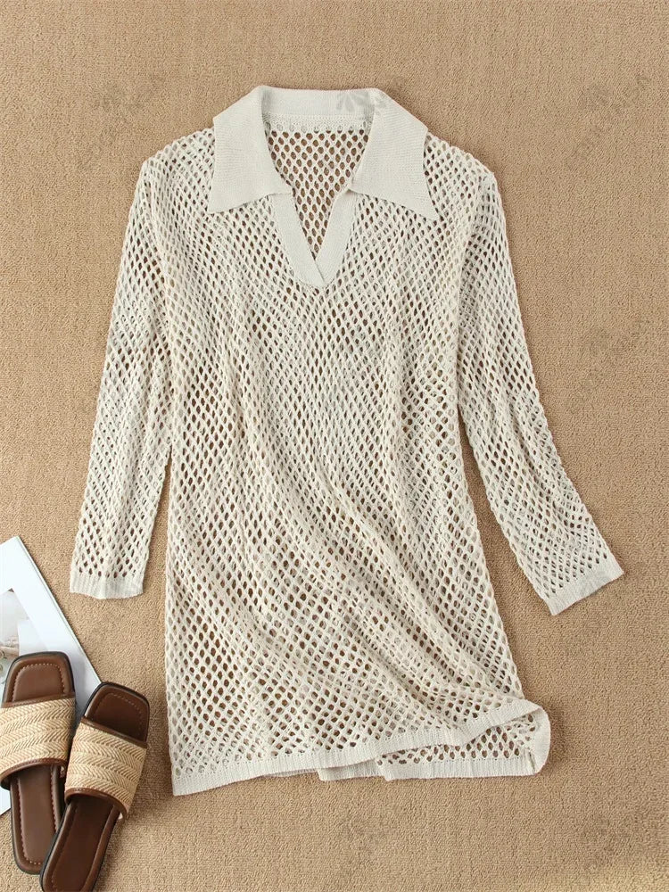 Solid Colour Beach Knit Mini Dress Women's Summer Sexy Hollow Out Long