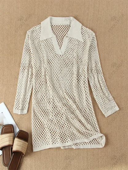 Solid Colour Beach Knit Mini Dress Women's Summer Sexy Hollow Out Long