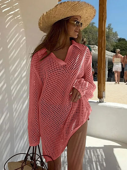 Solid Colour Beach Knit Mini Dress Women's Summer Sexy Hollow Out Long