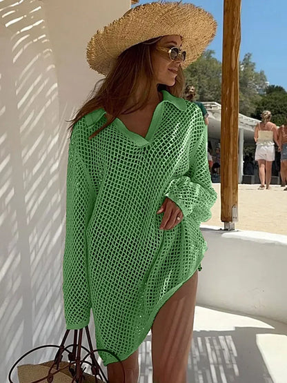 Solid Colour Beach Knit Mini Dress Women's Summer Sexy Hollow Out Long