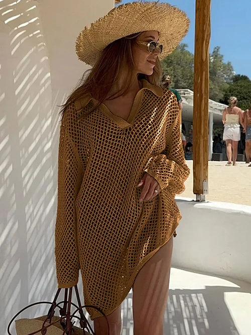Solid Colour Beach Knit Mini Dress Women's Summer Sexy Hollow Out Long