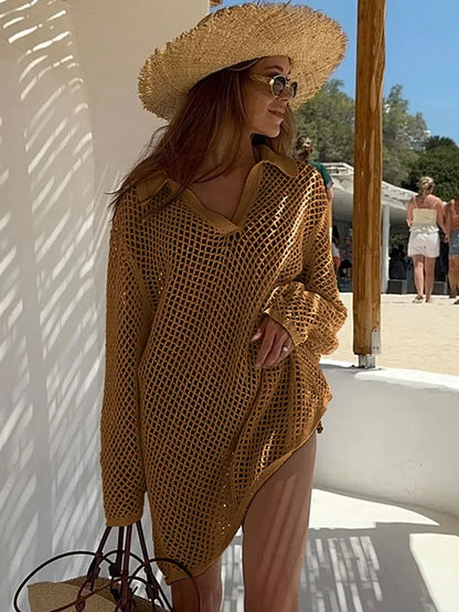 Solid Colour Beach Knit Mini Dress Women's Summer Sexy Hollow Out Long
