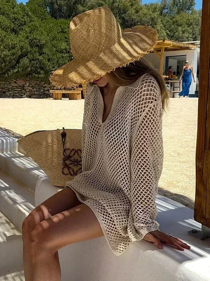 Solid Colour Beach Knit Mini Dress Women's Summer Sexy Hollow Out Long