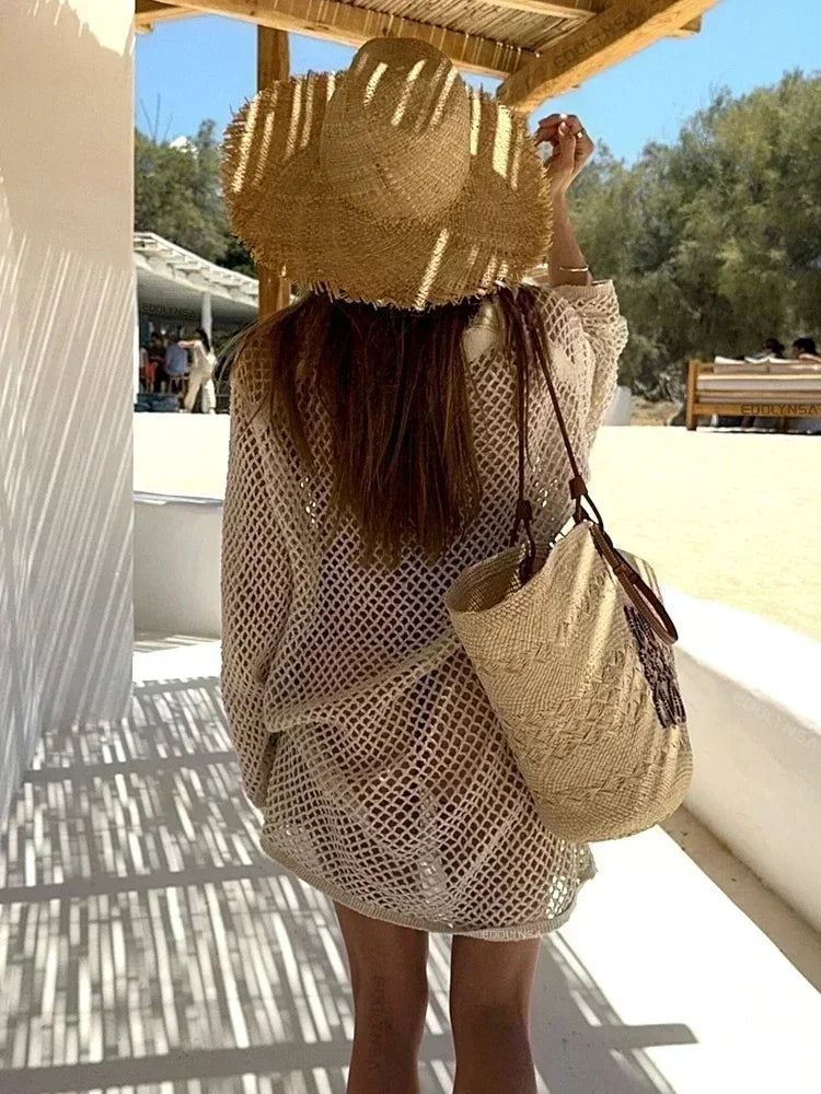 Solid Colour Beach Knit Mini Dress Women's Summer Sexy Hollow Out Long